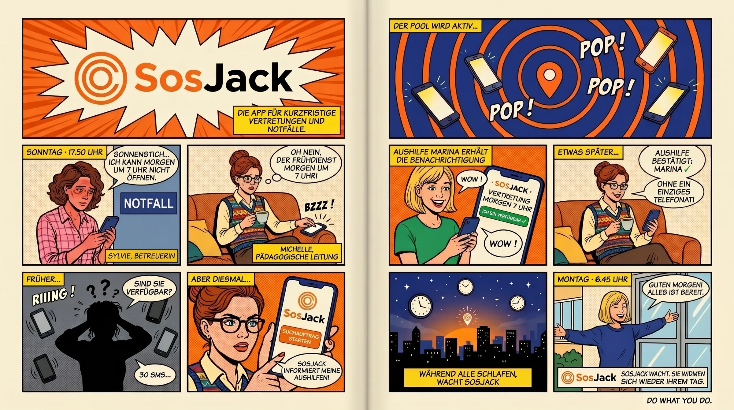 Comic von SosJack: An einem Sonntagabend meldet sich eine Betreuerin krank, die pädagogische Leiterin startet einen Suchauftrag, SosJack informiert den Pool und eine Aushilfe sagt zu; am Montagmorgen ist alles bereit