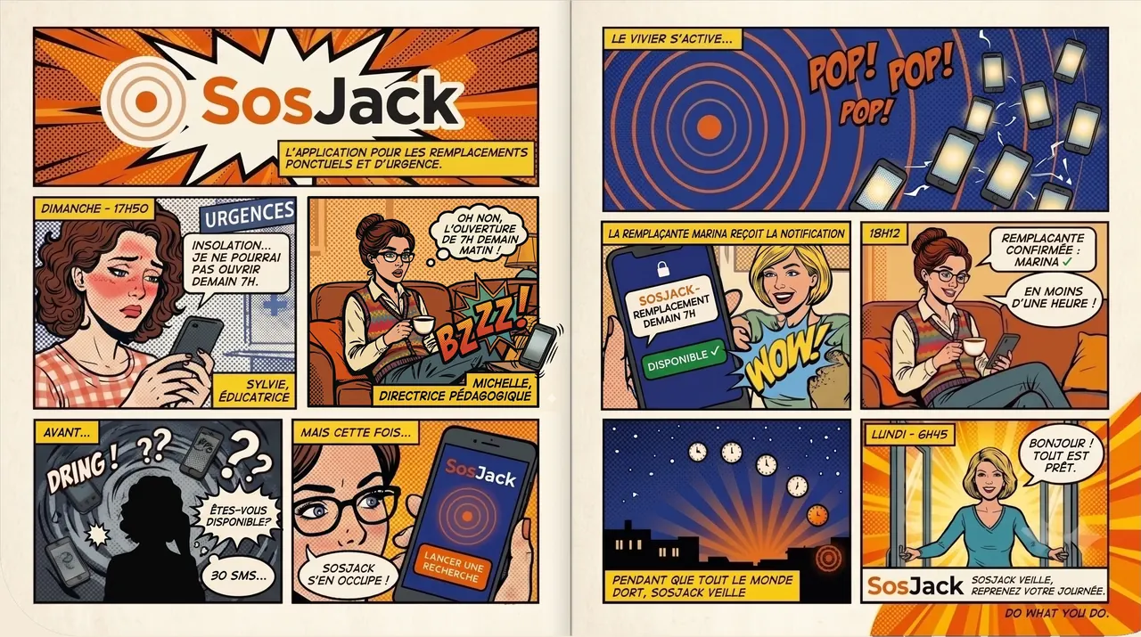 Bande dessinée SosJack : un dimanche soir une éducatrice se déclare absente, la directrice lance une recherche, SosJack mobilise le vivier et confirme une remplaçante en moins d'une heure, tout est prêt le lundi matin