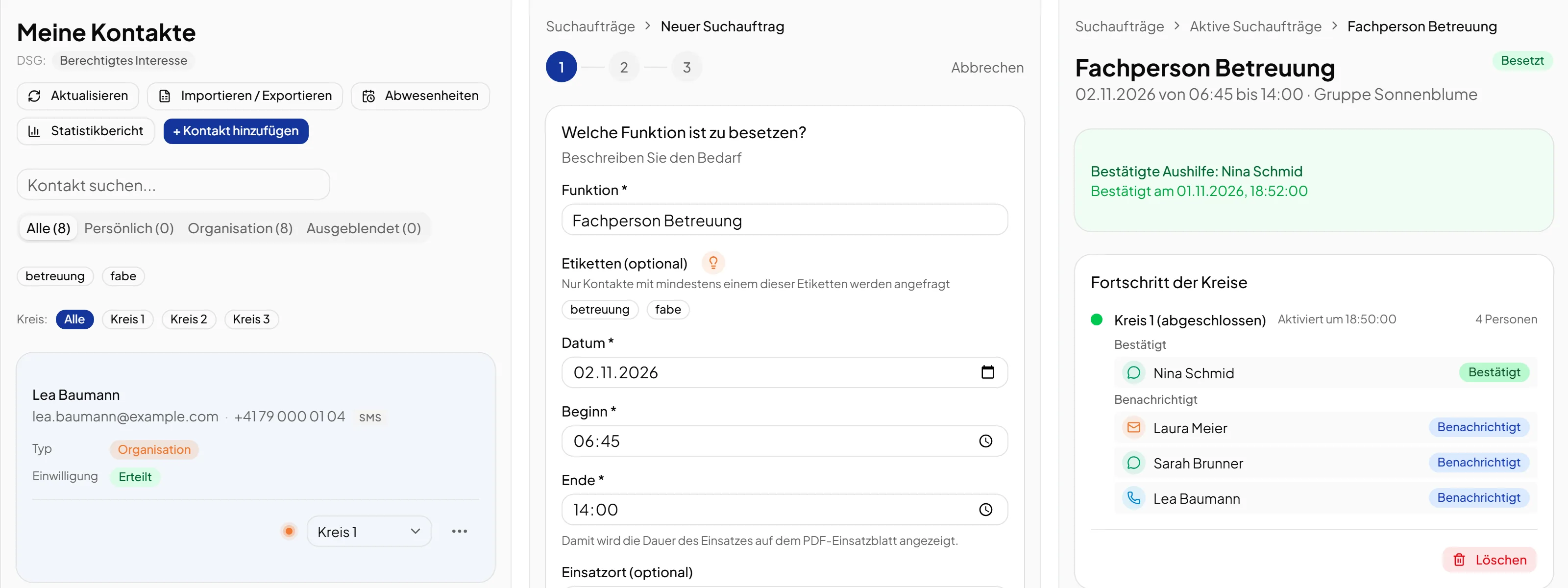 So funktioniert SosJack: Suchauftrag erstellen, Nachrichten an die Aushilfen, Bestätigung mit einem Klick