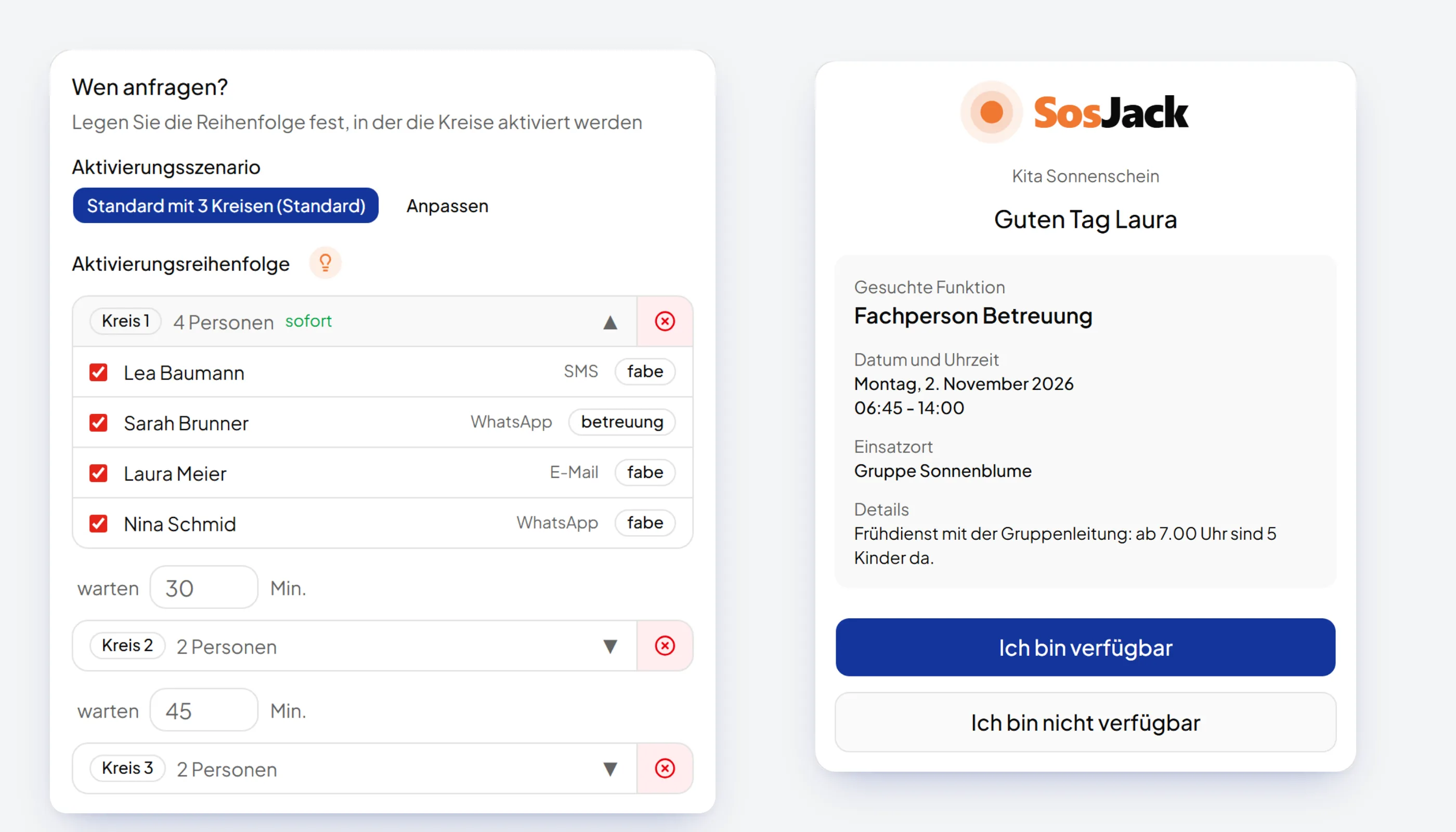 Bildschirmfoto von SosJack: der Suchauftrag mit der Reihenfolge der Kreise und die Seite, auf der die Aushilfe «Ich bin verfügbar» antwortet.
